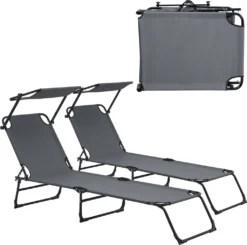 [casa.pro] Sonnenliege [2er Set] Klappbar 190cm Dunkelgrau Mit Dach Relaxliege Stahl