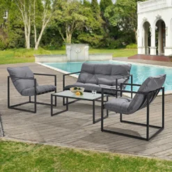 Gartenmöbel Set 4-teilig Gartenset Gartengarnitur Mit Polsterkissen Sitzgarnitur Aus Sitzbank Sessel Couchtisch Outdoor-Möbel Mit Stahlgestell Sitzgruppe Schwarz/Grau [casa.pro]